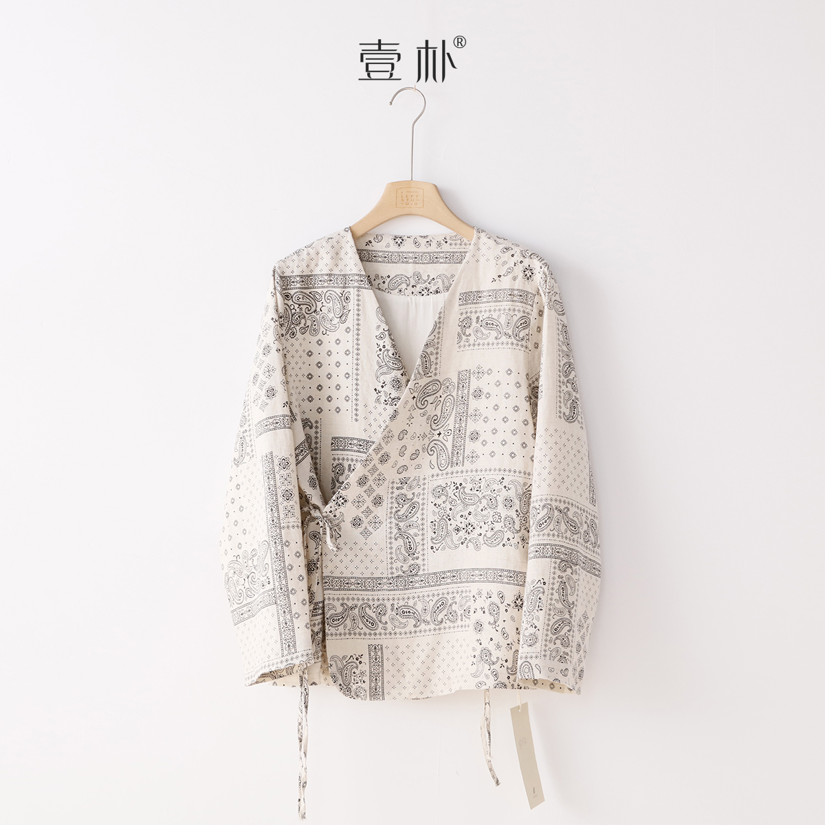文艺数码印花系带亚麻开衫秋季外套上衣 5SP512【M胸围112 衣长64