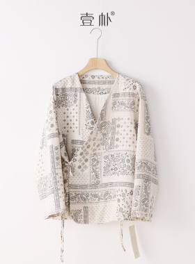 文艺数码印花系带亚麻开衫秋季外套上衣 5SP512【M胸围112 衣长64