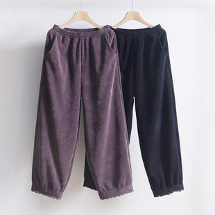 口显瘦加厚小脚裤 松紧腰纯色花边裤 128TK 加绒保暖条绒长裤 冬季