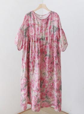 文艺数码印花苎麻双层袍子长裙 显瘦度假沙滩宽松连衣裙  4SP121A