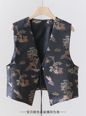 复古提花系带马甲背心 文艺民族风印花百搭宽松马夹上衣 3SP116