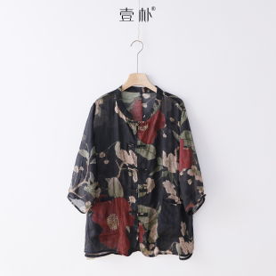 防晒外披衬衣上衣 薄款 3SP119B 印花立领禅意苎麻短开衫 常熟新中式