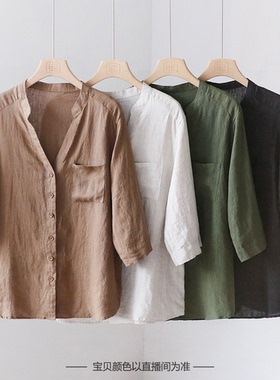 复古文艺V领亚麻七分袖衬衫 宽松大码百搭麻衬衣上衣 YF22372