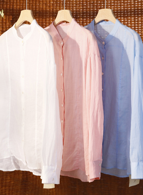 立领纯色苎麻衬衫 宽松长袖防晒上衣 110TK【M胸围120 衣长66-74