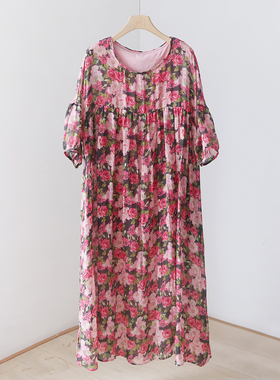 文艺数码印花苎麻双层袍子长裙 显瘦度假沙滩宽松连衣裙  4SP121A