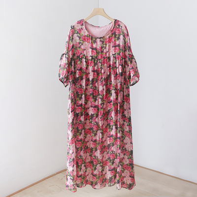 文艺数码印花苎麻双层袍子长裙 显瘦度假沙滩宽松连衣裙  4SP121A