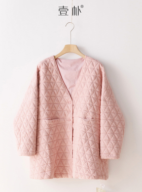 秋冬新款菱形压格夹棉加厚刀切棉V领外套中长款棉衣上衣 4SP322
