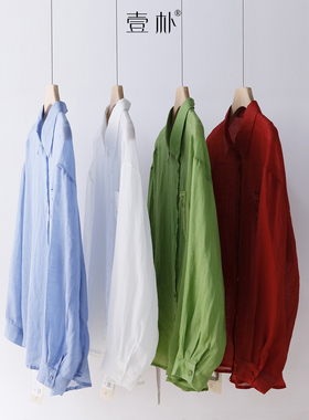 文艺翻领薄款蕾丝口袋刺绣长袖衬衫宽松苎麻防晒上衣 5SP632