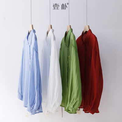 文艺翻领薄款蕾丝口袋刺绣长袖衬衫宽松苎麻防晒上衣 5SP632