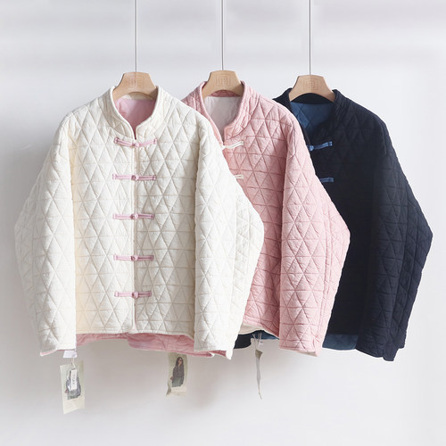 复古中式盘扣夹棉加厚菱形格立领棉衣 宽松保暖棉服上衣 4SP339