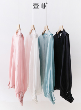 复古宫廷风花边拼接圆领苎麻长袖衬衫 百搭薄款上衣衬衣 5SP621