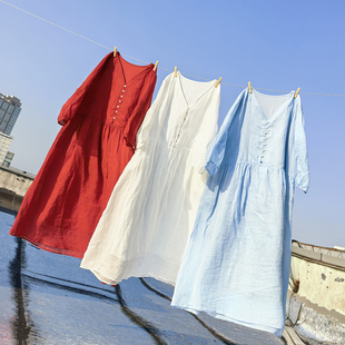 纯色七分袖 595TK 胸围M112 L116 排扣文艺风刺绣苎麻连衣裙长裙