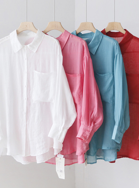 夏季宽松小翻领纯色单口袋苎麻薄款衬衫沙滩透气防晒衣上衣 3SP12