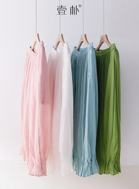 文艺风压褶苎麻灯笼裤 松紧腰薄款显瘦宽松九分裤麻裤子 6SP662