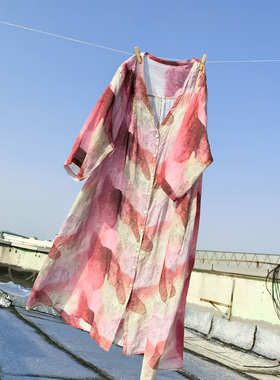 数码印花V领风琴褶长款苎麻开衫外披衬衫596TK【胸围142 衣长118