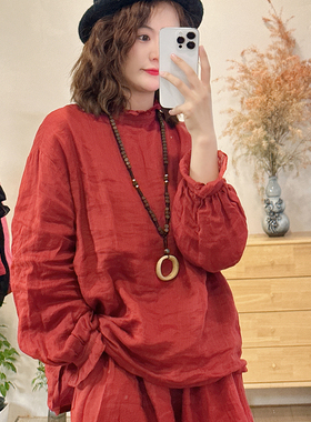 【双层】复古纯色苎麻小衫百搭花边荷叶边上衣衬衫衬衣  3SP97