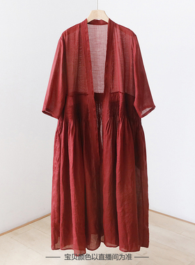 1022302 复古苎麻大版开衫 风琴压褶长款毛边宽松外披 YF22311
