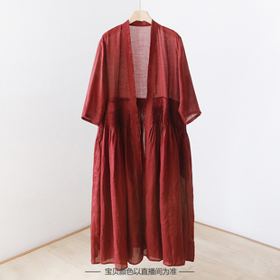 风琴压褶长款 1022302 复古苎麻大版 开衫 YF22311 毛边宽松外披