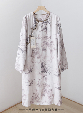 复古中式数码印花亚麻连衣裙 民族风加绒保暖长袖裙子袍子 3SP63