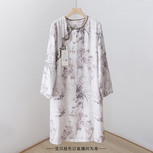 复古中式数码印花亚麻连衣裙 民族风加绒保暖长袖裙子袍子 3SP63