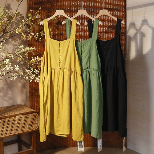 复古包扣天丝亚麻背带裙 宽松显瘦纯色无袖背心裙连衣裙 5SP398