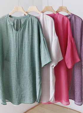 新中式国风禅意苎麻中长款气质茶服 V领七分袖衬衫裙上衣 4SP192