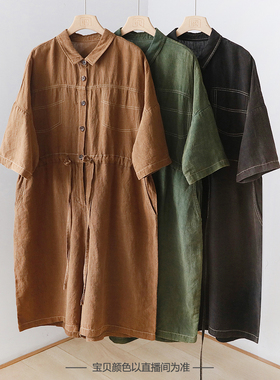 夏季新款复古做旧明线抽绳宽松休闲亚麻连体七分裤休闲裤 YF22329