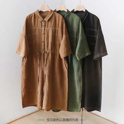 夏季新款复古做旧明线抽绳宽松休闲亚麻连体七分裤休闲裤 YF22329