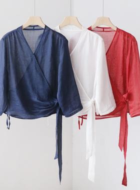 复古苎麻交叉绑带衬衫女夏季轻薄苎麻飘带半袖防晒衣上衣 4SP232