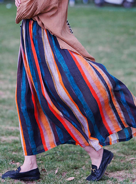 文艺范彩条苎麻半身裙 中长款百褶伞裙彩虹裙 3SP110D