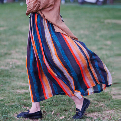 文艺范彩条苎麻半身裙 中长款百褶伞裙彩虹裙 3SP110D