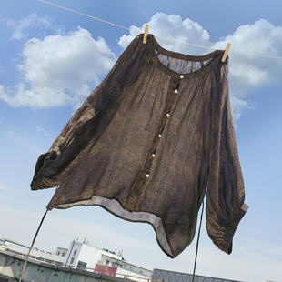 圆领苎麻小衫 上衣 百搭显瘦薄款 衬衫 567TK 开衫 复古做旧印花