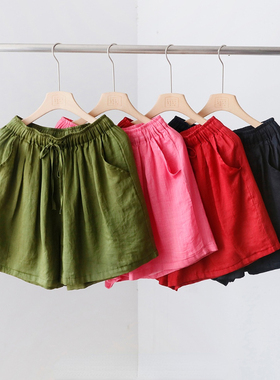苎麻短裤女夏季纯色系带复古江南风宽松百搭休闲双层五分裤3SP87