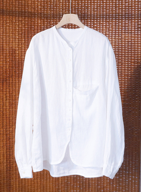 文艺立领宽松亚麻衬衫 夏季宽松显瘦大口袋防晒衬衣上衣 132TK