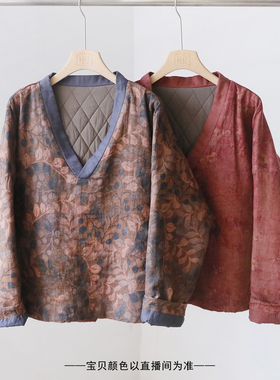 复古中式V领夹棉加厚套头棉衣 印花亚麻宽松国风小棉服上衣 3SP53