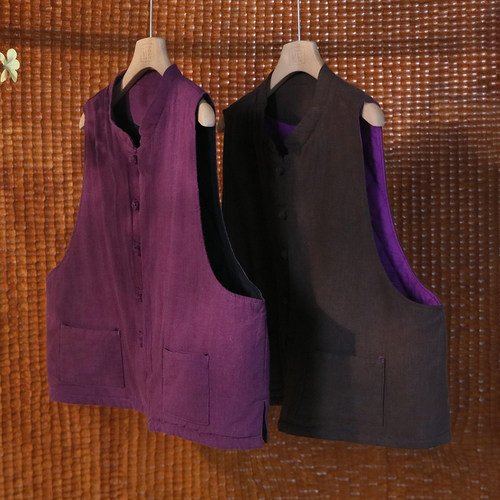 复古新中式夹棉加厚苎麻盘扣马甲 宽松无袖坎肩马夹背心 4SP360