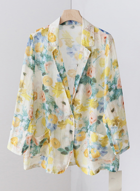 文艺印花双口袋小西装领外套 夏季宽松轻薄防晒开衫上衣 4SP207