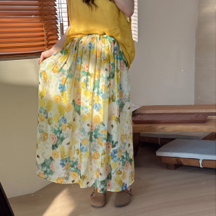 3SP110 中长裙 复古印花松紧腰系带苎麻双层显瘦半身裙 夏季