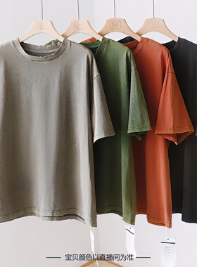 1030101果果自制夏季文艺圆领宽松炒色做旧棉短袖T恤上衣 PZ21701