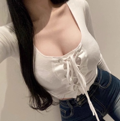 韩国东大门新款性感U型领显身材~女人味绑带显胸大长袖T恤女上衣