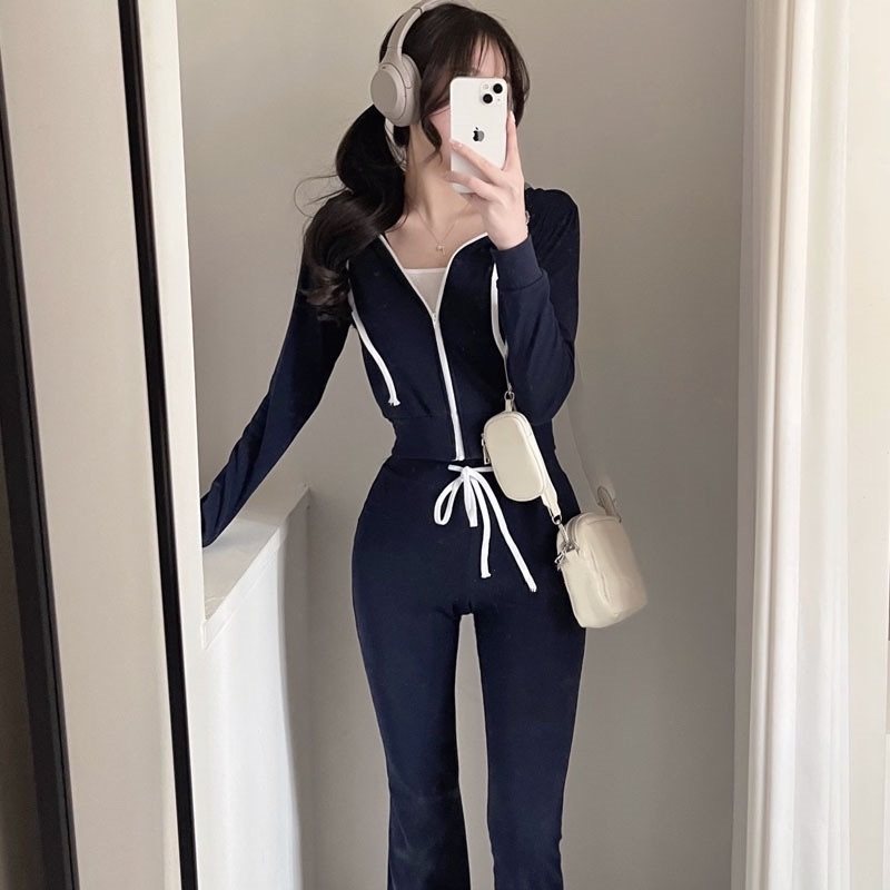 韩国东大门新款气质显身材紧身连帽长袖外套+休闲长裤女时尚套装,女装/女士精品,时尚套装,淘宝优惠券,粉丝福利购,淘宝优惠卷