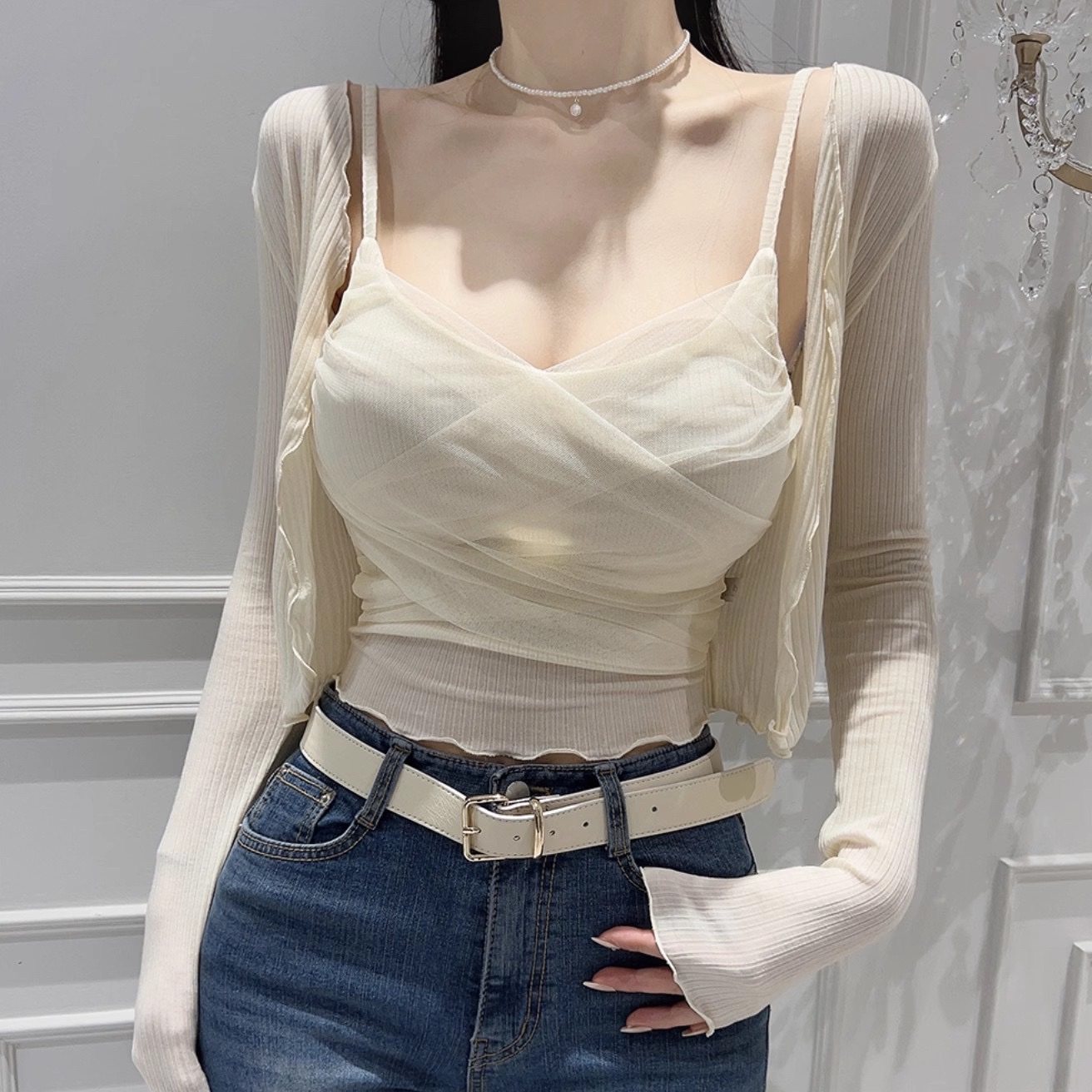 韩国东大门新款性感蕾丝网纱吊带背心女短款长袖小开衫两件套装潮