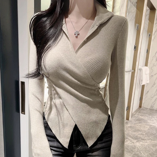 韩国东大门新款很漂亮~气质高领交叉纽扣修身针织开衫打底女上衣