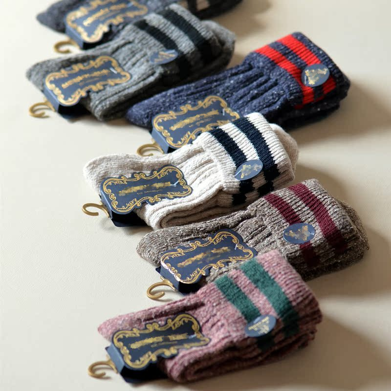 两条杠条纹点纱棉混学院风中筒棉袜复古秋冬季中筒棉线女士袜子