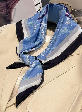 法式蓝色马车真丝65cm小方巾女丝巾桑蚕丝棉围巾送妈妈护颈小披肩