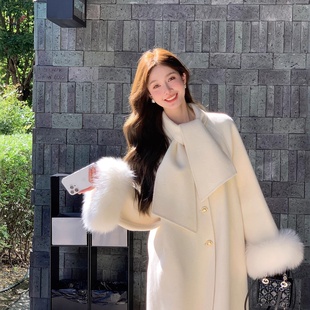 25秋冬新款 口温柔千金羊毛呢外套 双面羊毛大衣女狐狸毛袖