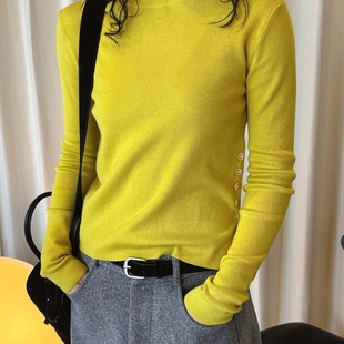 ⅩM早春新款韩版时髦气质侧扣丝光羊毛针织衫软糯修身显瘦上衣女