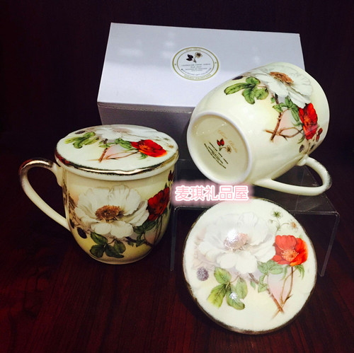 韩国进口rose花卉金边有柄杯子