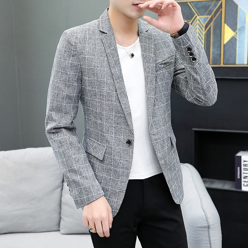 2021新款格子男士大碼西裝修身潮韓版男格子休閒小西服