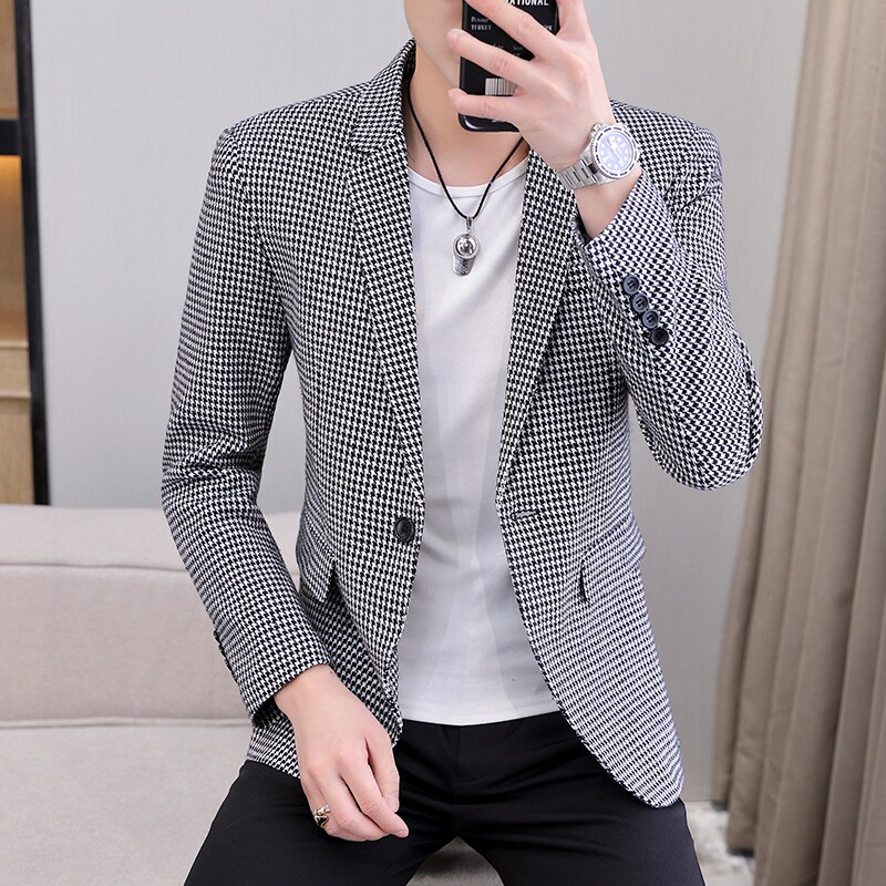 606P60秋季男士西服千鸟格小西装外套上衣修身休闲潮流帅气,男装西服套装,星座1706